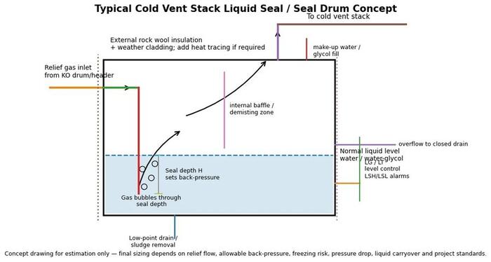 ERGIL cold vent stack liquid seal / seal drum concept drawing